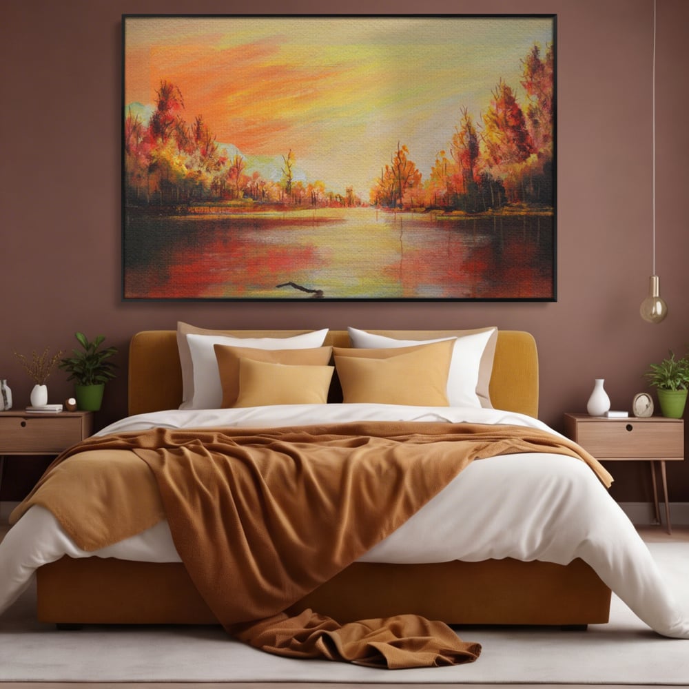 Tablou canvas cu pictura cu peisaj de toamna si lac, in rama de aluminiu negru, pe perete intr-un dormitor